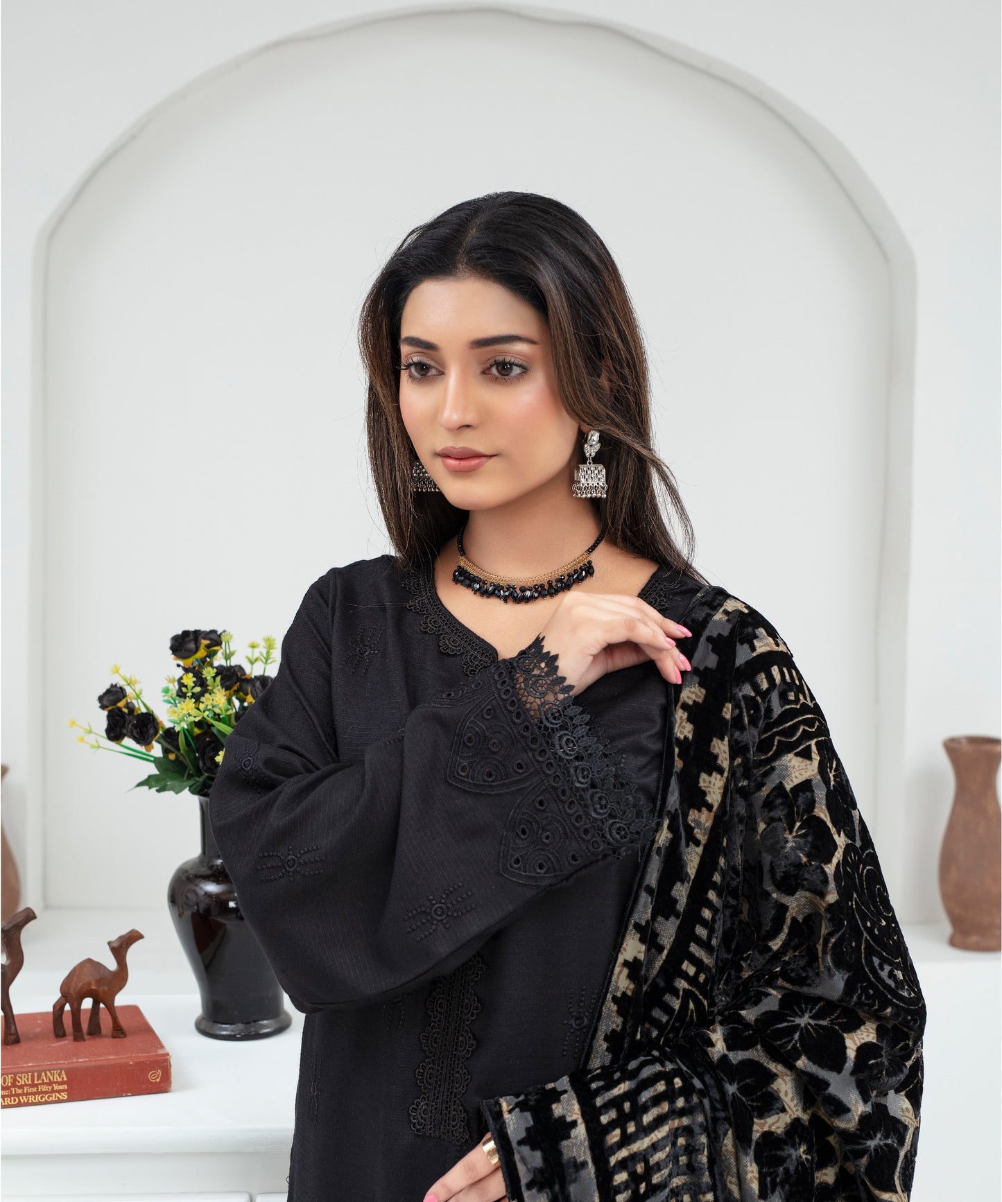 CREATION Dhanak 3PC Chikankari Embroidered Shirt With Velvet Plachi Shawl- 2107