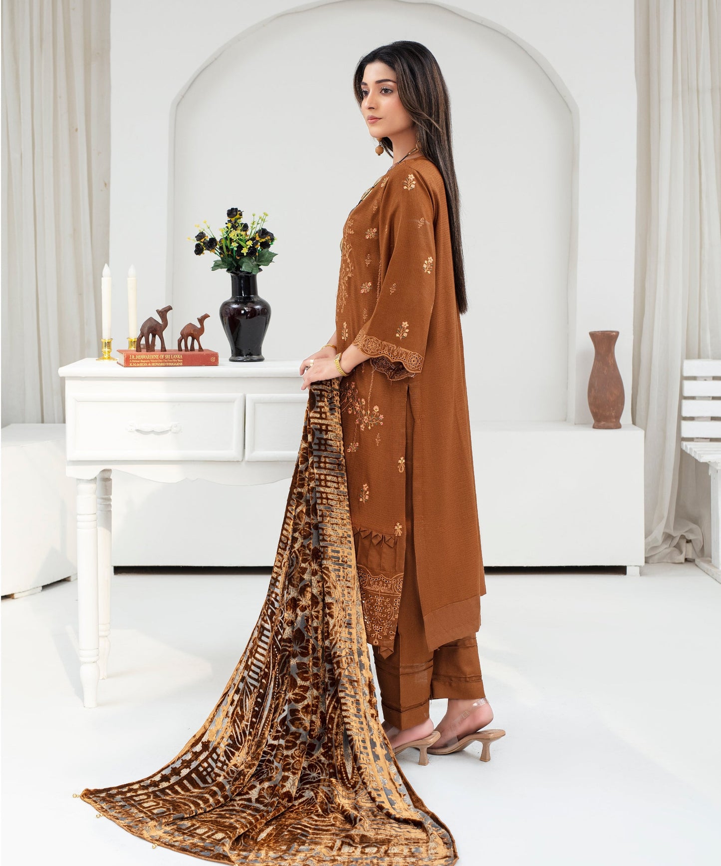 Dhanak 3PC Chikankari Embroidered Shirt With Velvet Plachi Shawl- 2102