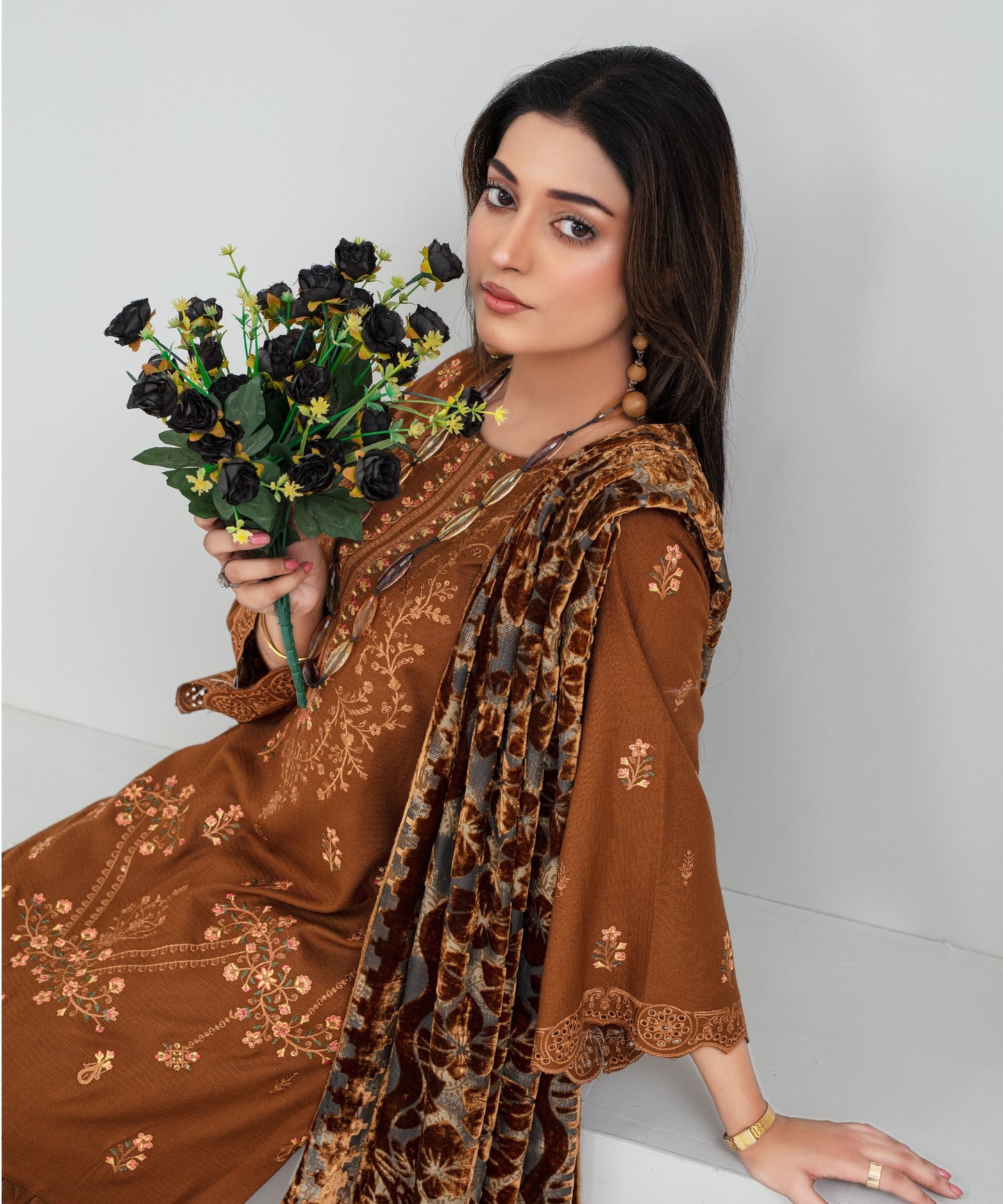 Dhanak 3PC Chikankari Embroidered Shirt With Velvet Plachi Shawl- 2102