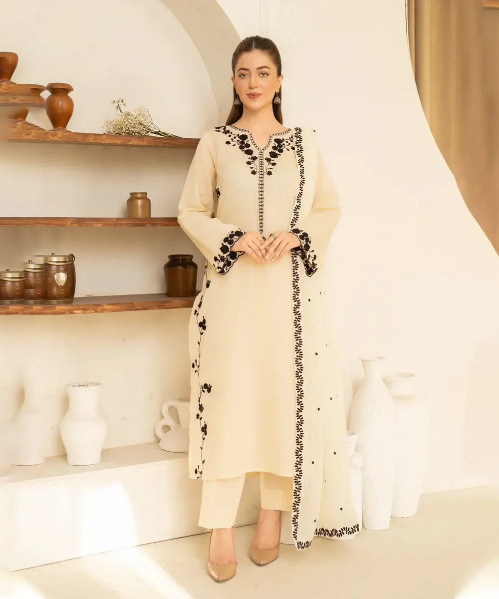 Dhanak-3PC Embroidered Shirt with Chiffon Embroidered Dupatta - 3510