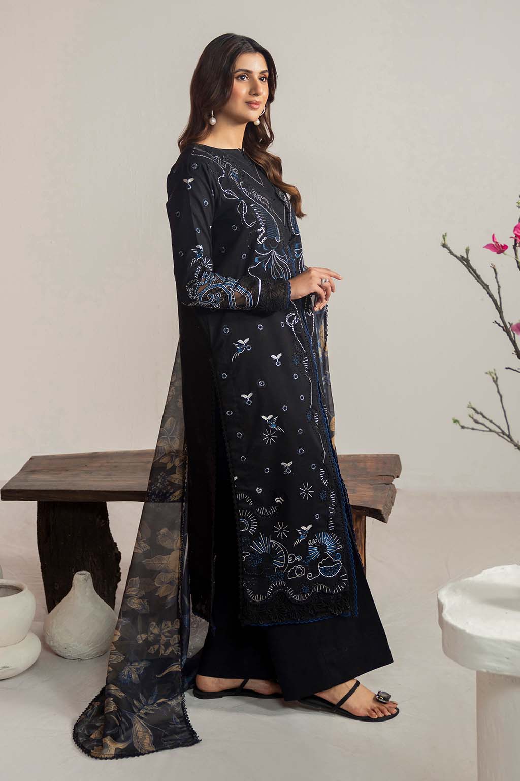 Dhanak-3PC Embroidered Shirt with Digital Printed Wool Shawl- 3365