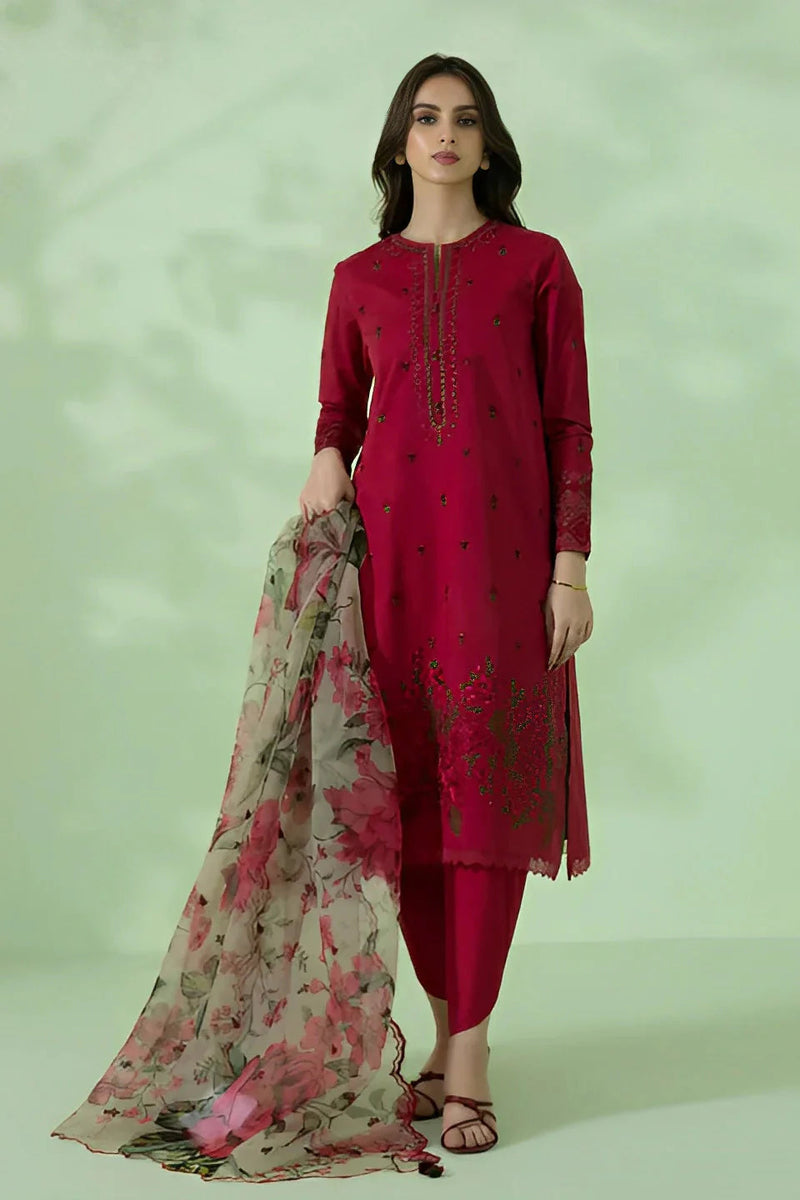 3PC Dhanak Embroidered Shirt With Organza Printed Dupatta-677