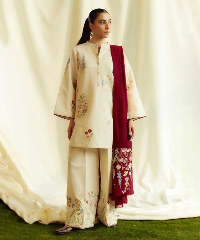 3PC Dhanak Embroidered Shirt With Embroidered Shawl-278