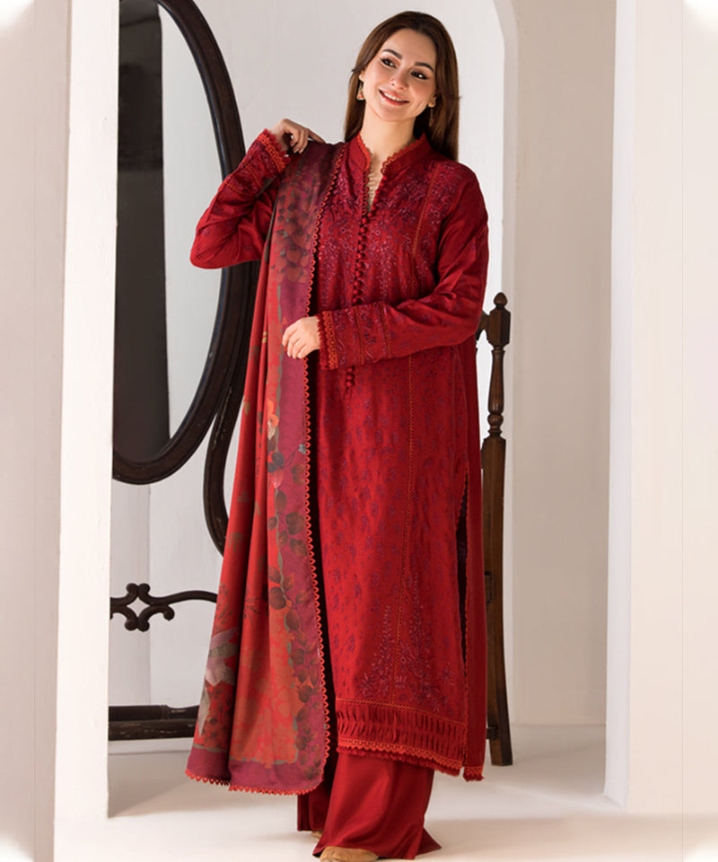 3PC DHANAK EMBROIDERED SHIRT WITH TWILL PRINTED SHAWL AND TROUSER-688