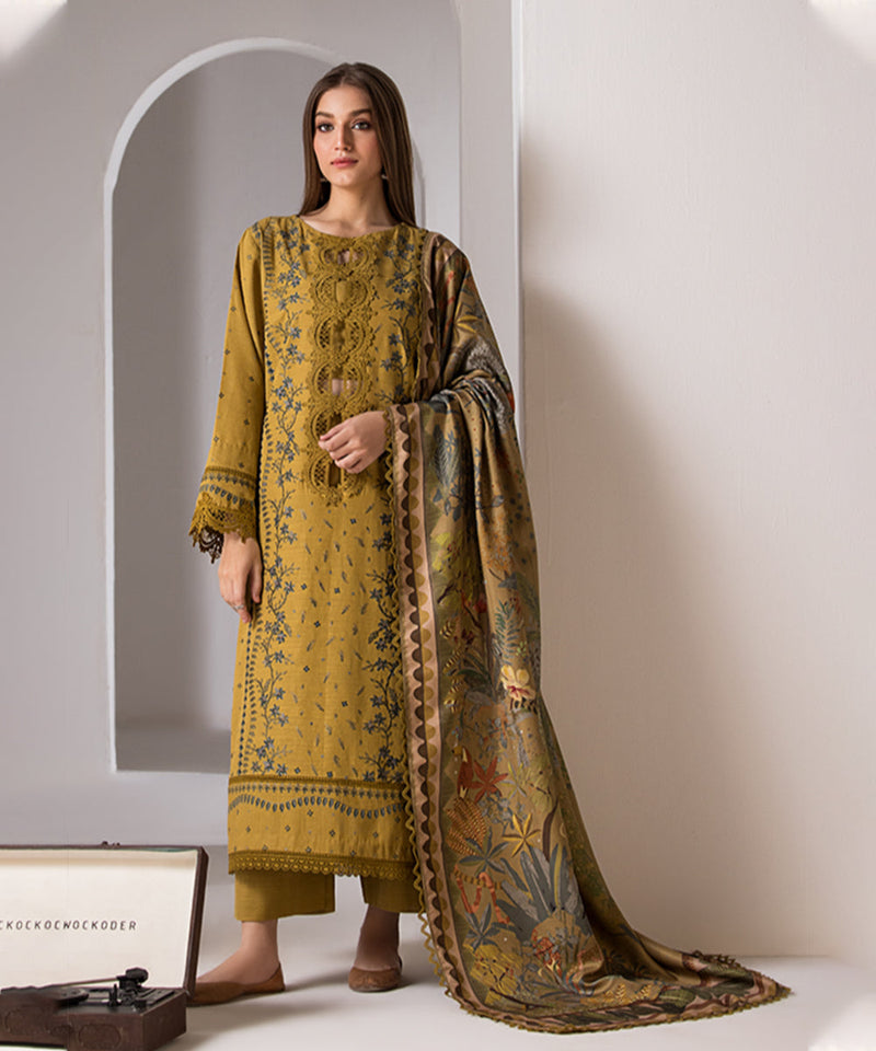 3PC DHANAK EMBROIDERED SHIRT WITH TWILL PRINTED SHAWL AND TROUSER-686