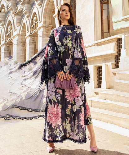 3PC-Printed Lawn Zarri Shirt With Voile Printed Dupatta-1524