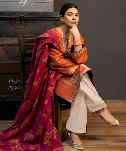 Lawn Embroidered Shirt With Digital Printed Shawl-1112