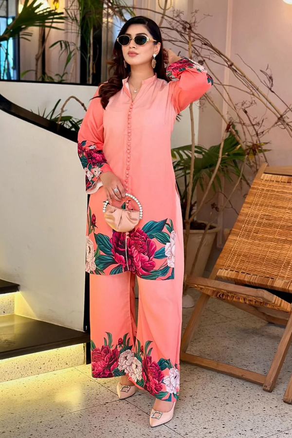 Winter - Best Selling - Peach Flower 2Pc Dress