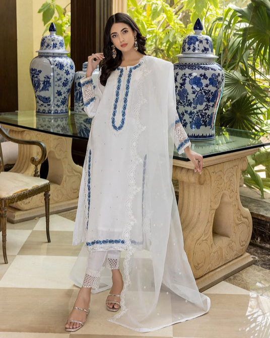 3PC Lawn  Embroidered With Organza Embroidered Dupatta-390