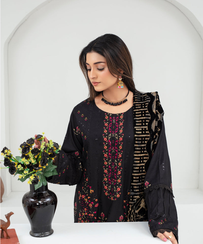 Dhanak 3PC Chikankari Embroidered Shirt With Velvet Plachi Shawl- 2101