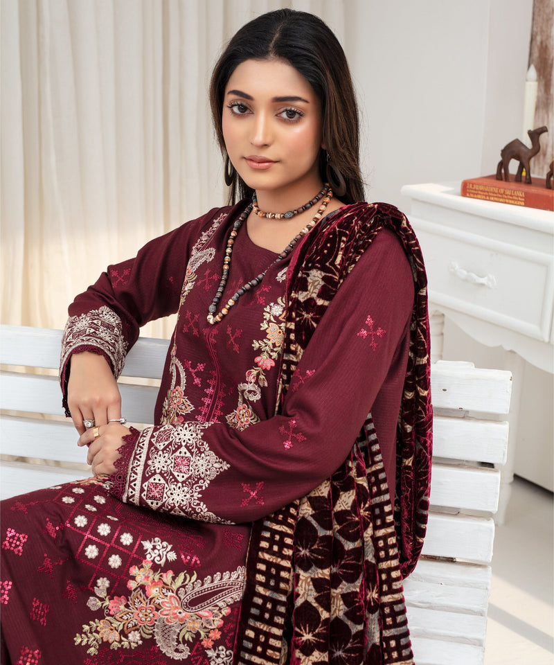 Dhanak 3PC Chikankari Embroidered Shirt With Velvet Plachi Shawl- 2104