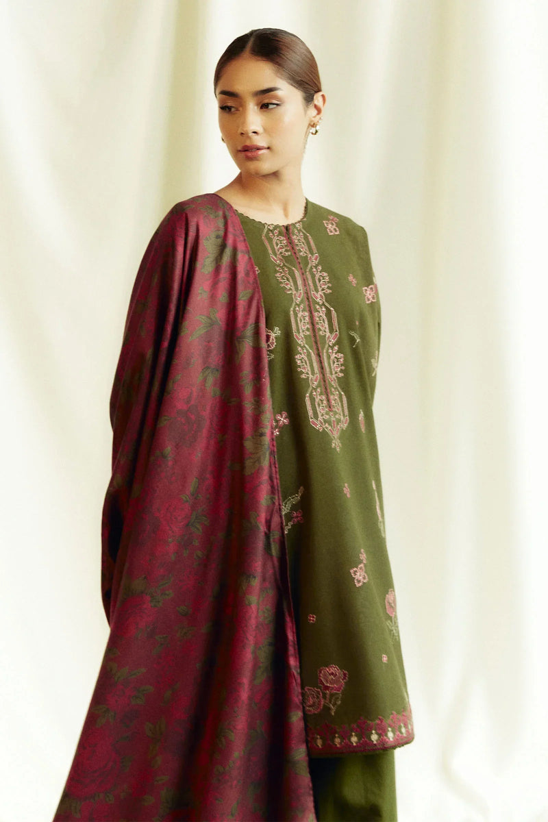 3PC Dhanak Embroidered Shirt With Digital Printed Shawl-273