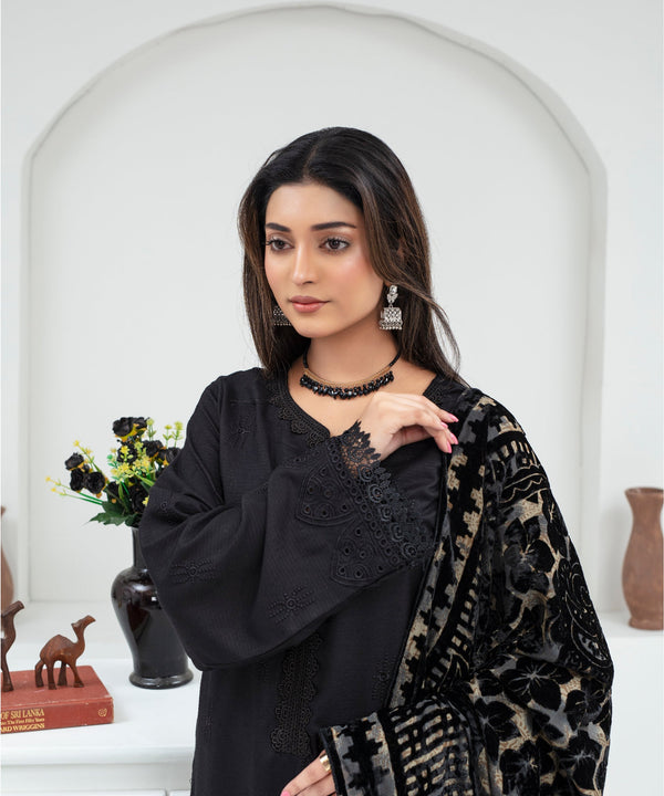 Dhanak 3PC Chikankari Embroidered Shirt With Velvet Plachi Shawl- 2107