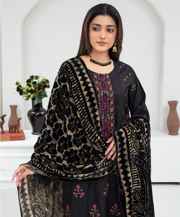 Dhanak 3PC Chikankari Embroidered Shirt With Velvet Plachi Shawl- 2101