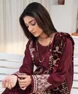 Dhanak 3PC Chikankari Embroidered Shirt With Velvet Plachi Shawl- 2104