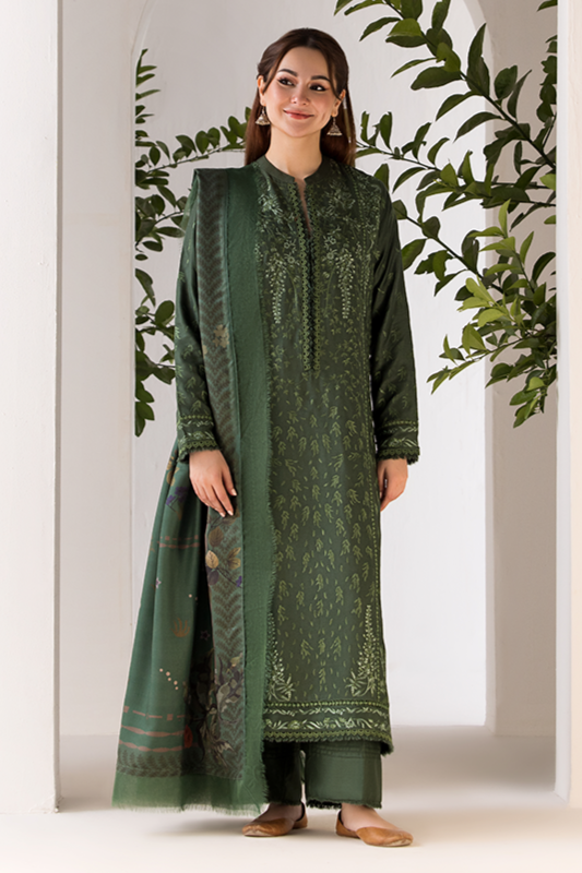 3PC DHANAK EMBROIDERED SHIRT WITH TWILL PRINTED SHAWL AND TROUSER-695