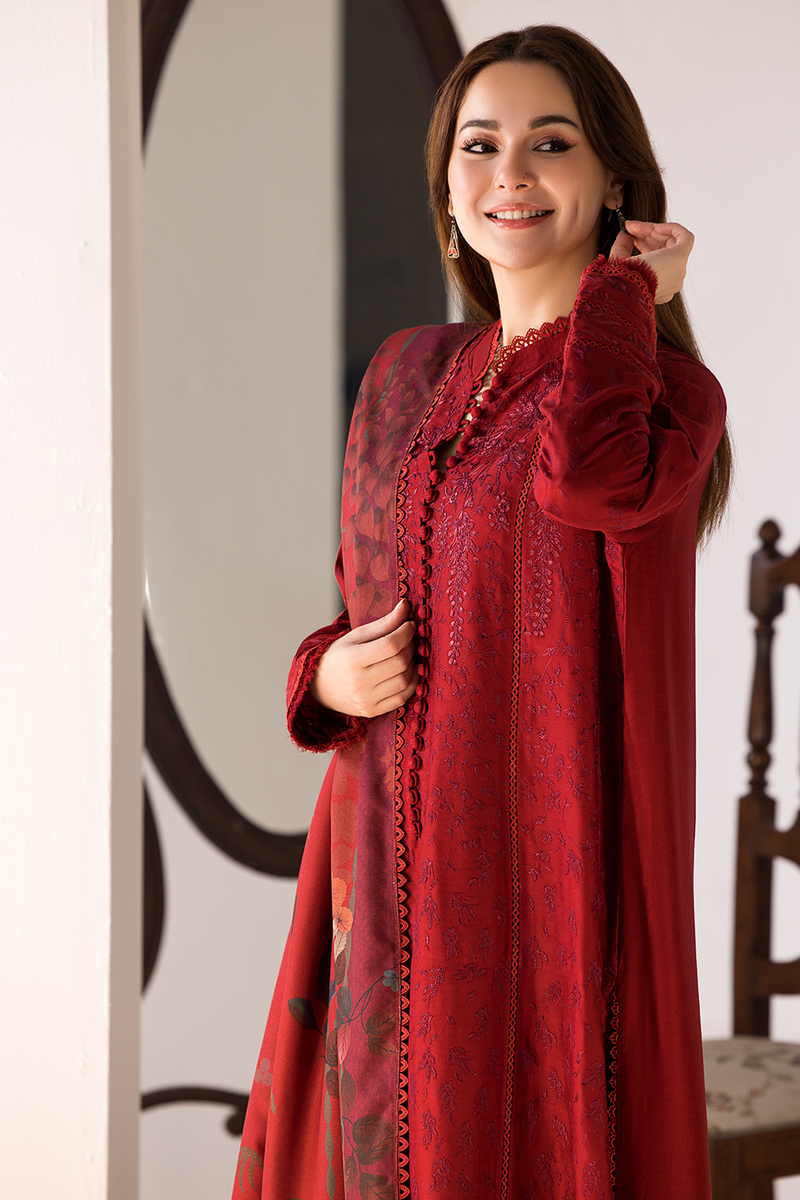 3PC DHANAK EMBROIDERED SHIRT WITH TWILL PRINTED SHAWL AND TROUSER-688