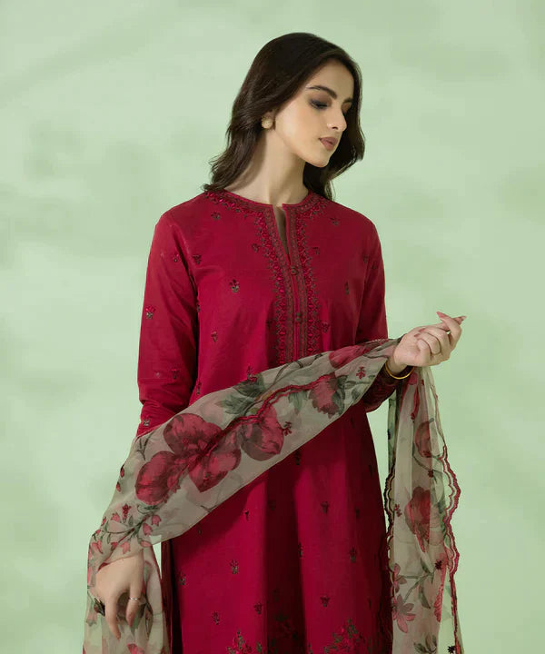 3PC Dhanak Embroidered Shirt With Organza Printed Dupatta-677