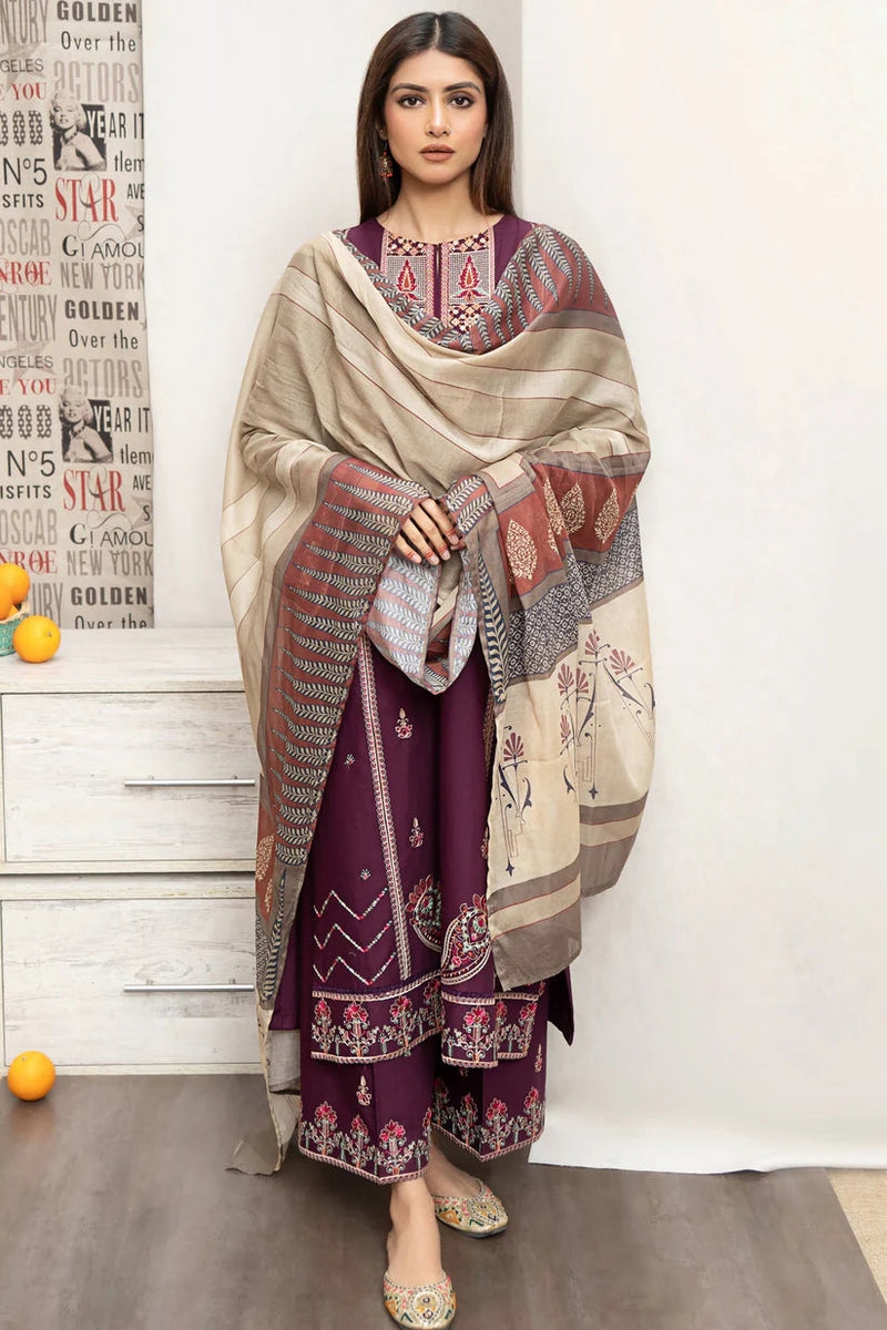 Dhanak 3PC Embroidered With Digital Printed Shawl-180