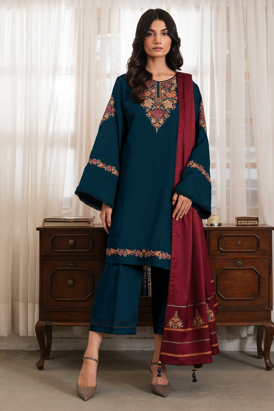 Dhanak-3PC Embroidered Shirt with Digital Printed Wool Shawl - 3495