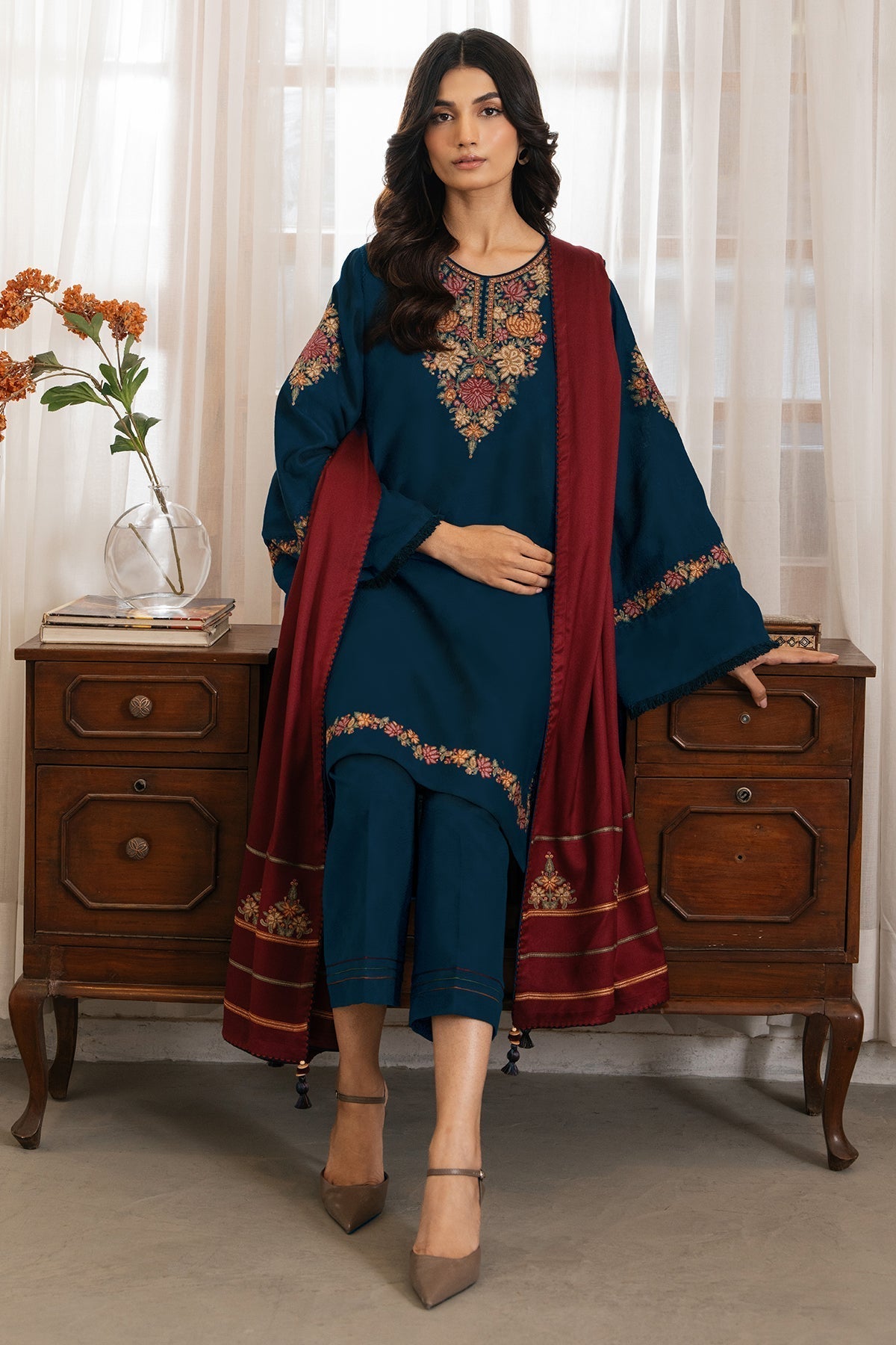 Dhanak-3PC Embroidered Shirt with Digital Printed Wool Shawl - 3495
