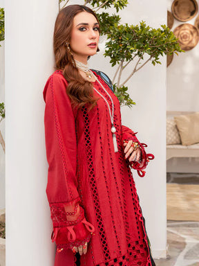 3PC CHIKANKARI LAWN EMBROIDERED SHIRT WITH SOFT PRINTED DUPATTA AND TROUSER - HZG1561