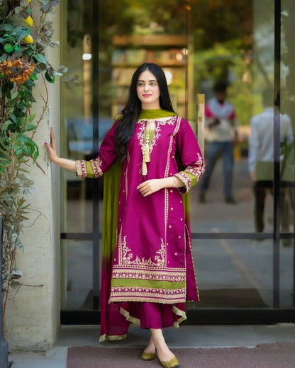 Linen 3PC Embroidered With Chiffon Dye N Dye Dupatta-1311