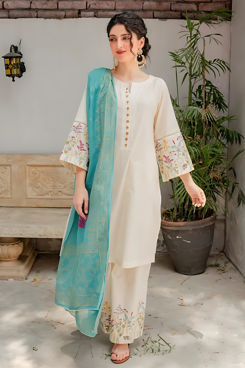 3PC LAWN EMBROIDERED SHIRT WITH PRINTED PASHMINA SHAWL AND TROUSER - HZG1466