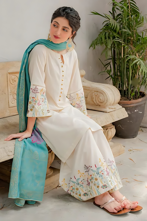 3PC LAWN EMBROIDERED SHIRT WITH PRINTED PASHMINA SHAWL AND TROUSER - HZG1466