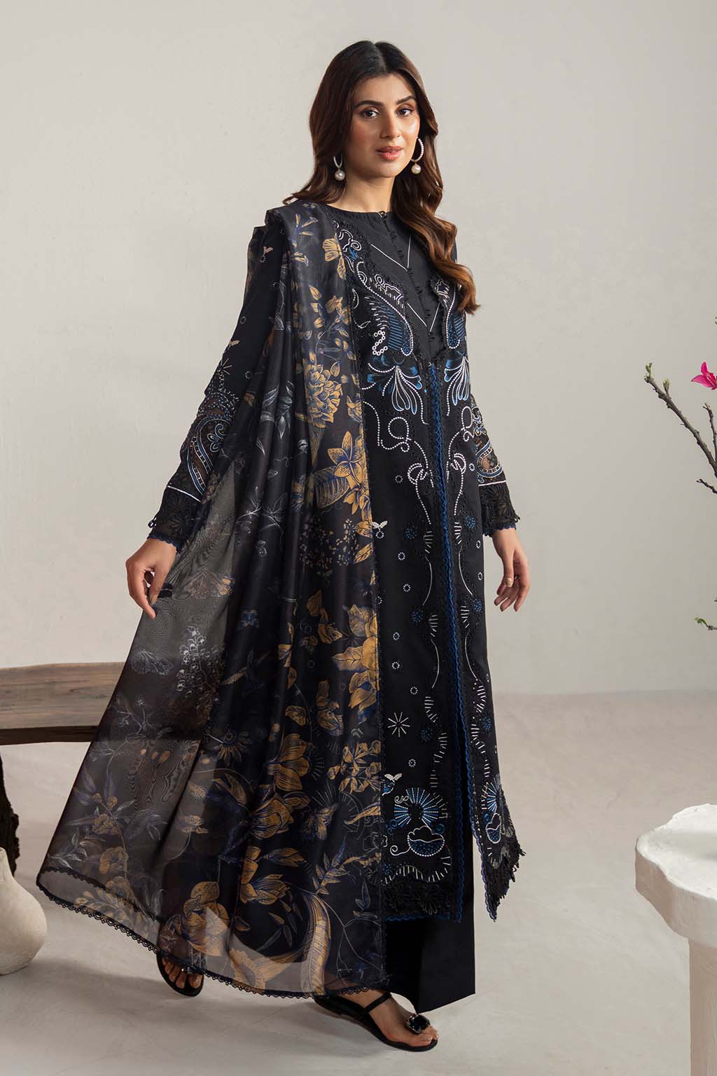 Dhanak-3PC Embroidered Shirt with Digital Printed Wool Shawl- 3365
