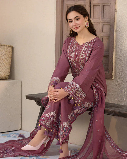Lawn-3PC Embroidered Shirt with Organza Embroidered Dupatta- 1321