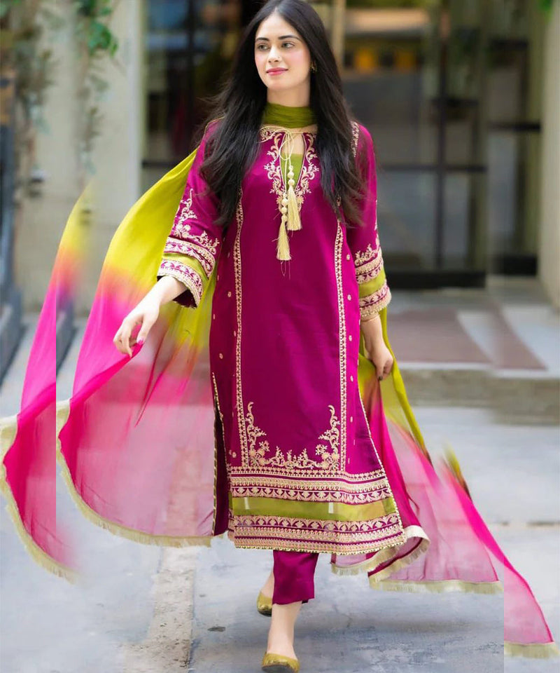 3PC Embroidered With Chiffon Dye N Dye Dupatta-1311