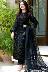 Black Linen 3PC Embroidered-842