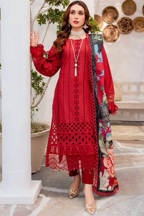 3PC CHIKANKARI LAWN EMBROIDERED SHIRT WITH SOFT PRINTED DUPATTA AND TROUSER - HZG1561