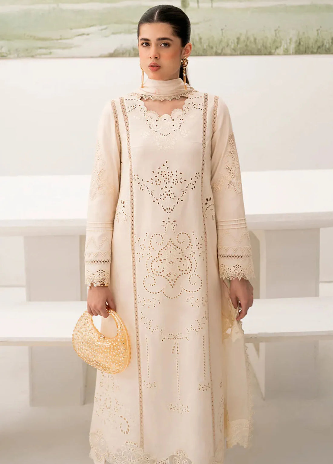 QALAMKAR  Chikenkari Lawn 3PC Embroidered With Printed Dupatta-508