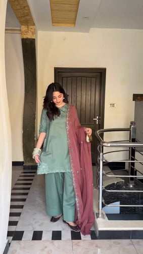 Dhanak-3PC Embroidered Shirt with Chiffon Embroidered Dupatta-3452